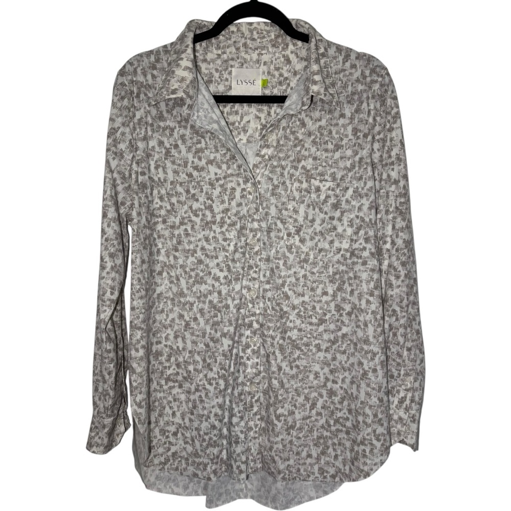 Lysse Schiffer Button Down Blouse Top Pocket Career Casual‎ Cream Grey White